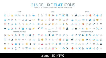 La collection d'icônes plates colorées couvre le golf, le cyclisme, les sports, la remise en forme, le style de vie moderne, et les activités pour enfants, représentant une vie saine, les loisirs et l'exercice isolé illustration vectorielle Illustration de Vecteur