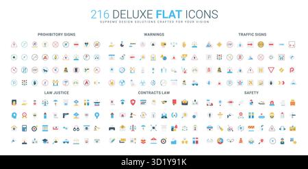 Ensemble complet d'icônes de style plat couvrant les panneaux d'interdiction, les avertissements, les feux de circulation, la justice juridique, les contrats, et des concepts de sécurité pour la réglementation et les thèmes juridiques illustration vectorielle isolée Illustration de Vecteur
