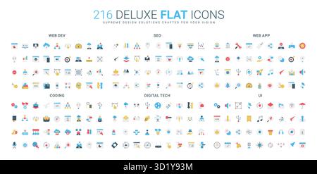 Ensemble complet d'icônes de style plat couvrant le développement Web, SEO, application Web, codage, technologie numérique, et IU concepts illustration vectorielle isolée Illustration de Vecteur
