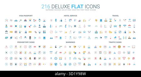 Ensemble complet d'icônes plates avec passeport visa, service hôtelier, voyage, panneaux d'interdiction, avertissements, et les panneaux de signalisation pour la navigation, la sécurité et les concepts de tourisme illustration vectorielle isolée Illustration de Vecteur