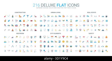 Ensemble complet d'icônes plates couvrant la construction, la vie urbaine, l'immobilier, les toilettes, les éléments de la ville, et les thèmes de sécurité pour l'illustration vectorielle isolée de la planification urbaine moderne Illustration de Vecteur