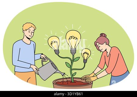 Les gens arroser la plante en pot avec une ampoule développant des idées créatives. L'homme et la femme cultivant l'innovation, plantant le lancement de produit. Illustration vectorielle. Banque D'Images