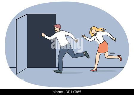 Les personnes qui se sont mises à ouvrir la porte tard dans le bureau. Les hommes d'affaires ou les employés se pressent de quitter leur lieu de travail vendredi. Illustration vectorielle. Banque D'Images