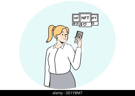 Femme avec image NFT et jetons. Une femme d'affaires explore les œuvres d'art de la blockchain ou de la crypto-monnaie. Illustration vectorielle. Banque D'Images