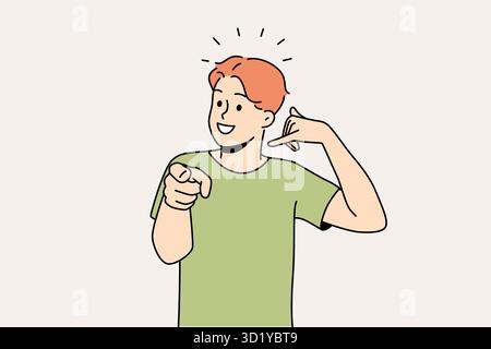 Homme souriant faisant un geste de main demandant de rappeler. Un homme heureux montre un panneau de rappel. Communication non verbale. Illustration vectorielle. Banque D'Images