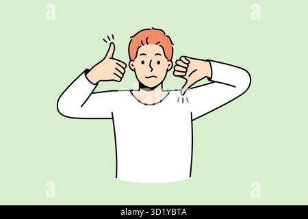 Un homme frustré se montre comme et n'aime pas les gestes de la main démontrez les commentaires du client pour le service. Un homme confus se sentant à l'esprit et à l'esprit. Approbation et disa Banque D'Images