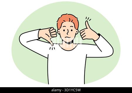 Un homme frustré se montre comme et n'aime pas les gestes de la main démontrez les commentaires du client pour le service. Un homme confus se sentant à l'esprit et à l'esprit. Approbation et disa Banque D'Images