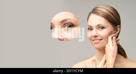 Jolie fille mûre. Portrait avant et après. Thérapie saine anti-wrincle. Cercle noir sous les yeux. Crème de collagène. Cosmetolog Banque D'Images
