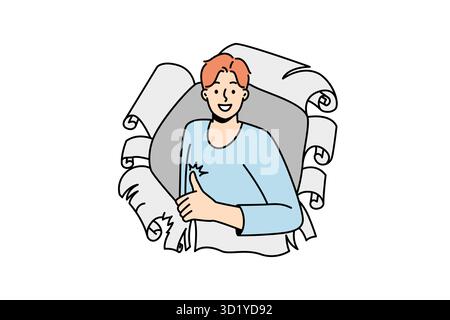 Jeune homme souriant, regardez depuis le trou de papier, montrez le pouce vers le haut. Un bon gars vous recommande un bon service ou une bonne offre. Commentaires et recommandations des clients. Illustration vectorielle Banque D'Images