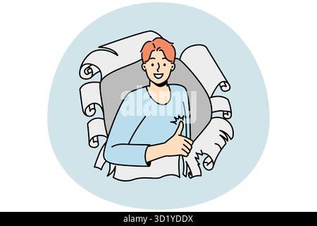Jeune homme souriant, regardez depuis le trou de papier, montrez le pouce vers le haut. Un bon gars vous recommande un bon service ou une bonne offre. Commentaires et recommandations des clients. Illustration vectorielle Banque D'Images