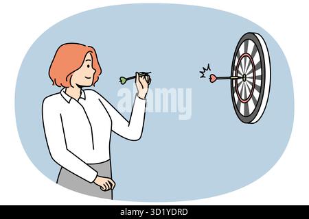 Une fille jette des fléchettes à la cible au mur. Femme d'affaires visant la flèche à l'objectif rond. Une femme qui a réussi à jouer. Stratégie, marketing, défi. Vecteur Banque D'Images