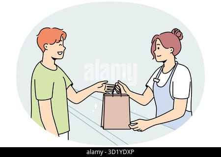 Une caissière donne un sac en carton à un client homme heureux dans le magasin. Bonne femme vendeur main paquet à l'homme excité client dans le magasin. Vecteur illus Banque D'Images