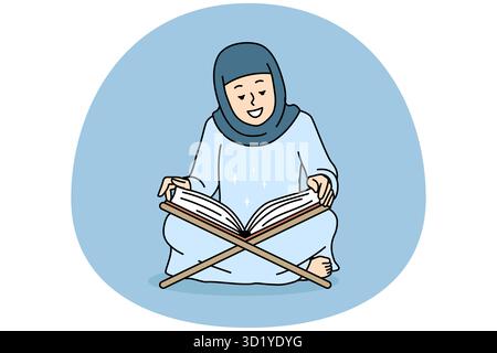 Une femme arabe souriante en abaya lit le Coran à la maison. Bonne femme arabe dans hijab priez avec le livre musulman Saint. Illustration vectorielle. Banque D'Images
