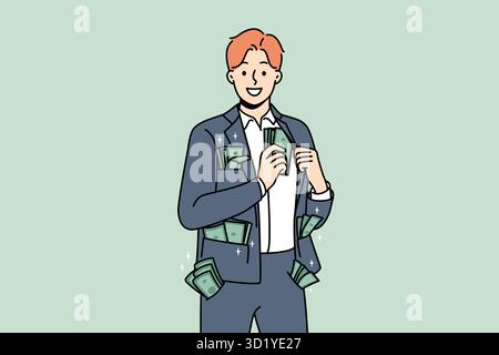 Un homme d'affaires riche avec de l'argent dans toutes les poches montre le succès. Un employé souriant avec des billets en costume se sent riche et réussi. Illustration vectorielle Banque D'Images