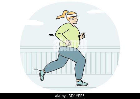 Une femme qui court dans la rue pour être en forme. FAT Girl fait de l'entraînement cardio en plein air pour brûler des calories. Une dame qui fait du jogging dans la ville, participe à un marathon. Banque D'Images