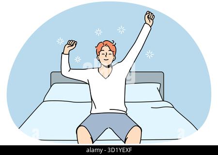 Un jeune homme heureux s'éveille dans la chambre à coucher. Homme souriant excité avec le matin au lit faire de la gymnastique matinale. Illustration vectorielle. Banque D'Images