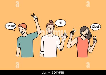Souriant, des gens multiraciaux agitant les mains saluant dans différentes langues. Des hommes et des femmes interraciaux heureux de dire bonjour. Groupe multiethnique. Vecteur illus Banque D'Images