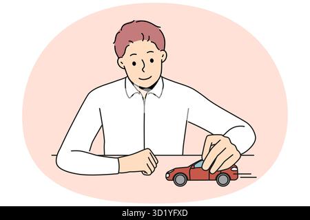 Un homme d'affaires souriant s'assoit au bureau pour jouer avec une voiture rouge. Homme confiant patron ou chef de la direction jouant avec l'automobile pensez à la prochaine évolution d'affaires. Illustration vectorielle. Banque D'Images