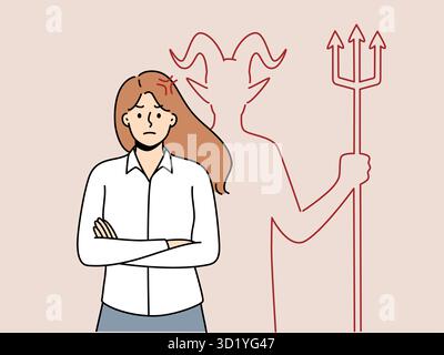 Femme d'affaires en colère avec diable derrière le dos. Une femme folle employée ou une travailleuse avec moi intérieur mal révélé. Illustration vectorielle. Banque D'Images