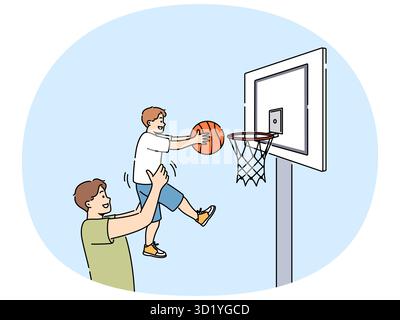 Un père souriant et aimant joue au basket-ball avec son fils. Papa heureux tenir garçon enfant dans les mains aider à jeter le ballon dans le panier. Activités de loisirs en famille. Vecteur illu Banque D'Images