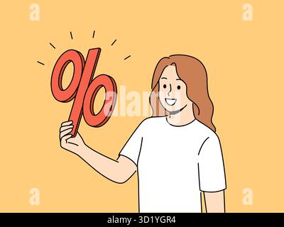 Femme souriante tenant le signe de pourcentage entre les mains. Femme d'affaires heureuse avec symbole de pourcentage enthousiaste avec taux de location ou rabais de vente. Illustration vectorielle. Banque D'Images