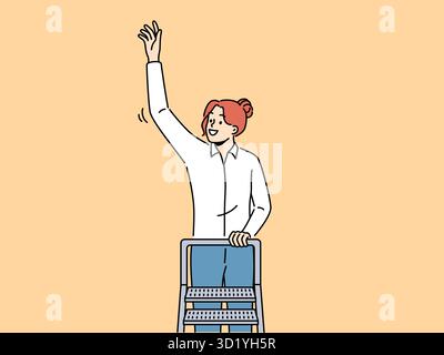 Femme souriante debout sur l'échelle touchant l'air avec la main. Heureuse travailleuse gravit les échelons de carrière. Réussite professionnelle et réussite. Vecteur illustr Banque D'Images