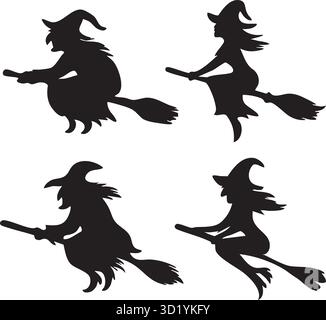 Ensemble de quatre Black Flying Witch silhouettes Riding Broomsticks pour Halloween Vector Illustration de Vecteur