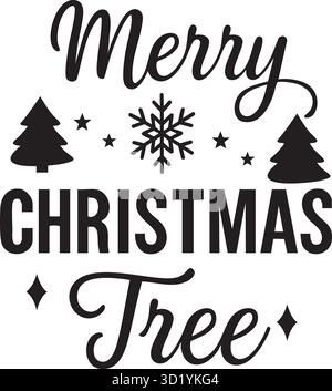 Joyeux sapin de Noël lettrage à la main typographie avec flocon de neige et graphique vectoriel d'arbres de pin Illustration de Vecteur