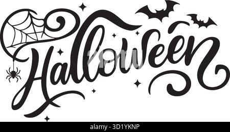 Typographie de script d'Halloween lettrée à la main avec Spider Web, Spider et Bats Vector Illustration de Vecteur