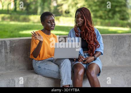 Deux femmes afro-américaines en appel vidéo avec ordinateur portable dans le parc, étudiant et collaborant sur le projet Banque D'Images