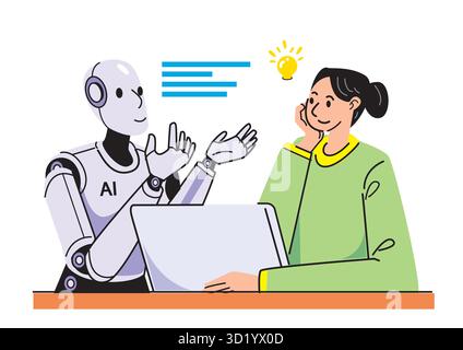 Un robot IA convivial interagissant avec une femme souriante dans un environnement de bureau à domicile confortable tout en partageant des idées et des idées. Illustration de Vecteur