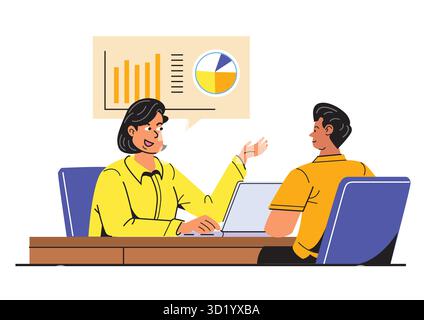 Femme professionnelle présentant des données d'analyse à un collègue lors d'une réunion d'affaires, soulignant les statistiques clés et les aides visuelles pour un disque efficace Illustration de Vecteur
