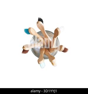 Brosses à dents en bambou avec des poils colorés dans le support sur fond blanc. Banque D'Images