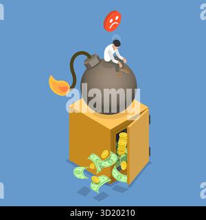 Illustration plate isométrique 3D du danger et de la crise des affaires, Young a souligné malheureux homme d'affaires assis sur la bombe 3D isométrique F Banque D'Images