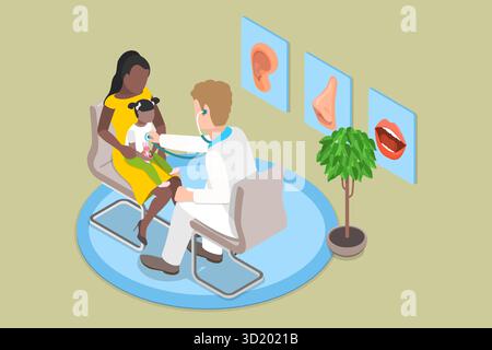 Illustration plate isométrique 3D de la pédiatrie, examen chez le médecin des enfants illustration plate isométrique 3D de la pédiatrie Banque D'Images
