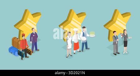 Illustration plate isométrique 3D du service hôtelier, promotion de l'hôtel illustration plate isométrique 3D du service hôtelier, Banque D'Images