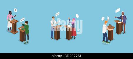 Illustration plate isométrique 3D des débats politiques, communication scénique avec arguments illustration plate isométrique 3D de poli Banque D'Images