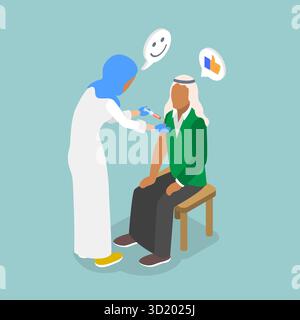 Illustration plate isométrique 3D du traitement de la grippe, médecin musulman et vaccination illustration plate isométrique 3D d'Influen Banque D'Images