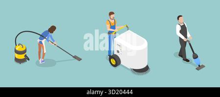 Illustration plate isométrique 3D du service de nettoyage , Service d'hygiène professionnelle illustration plate isométrique 3D du nettoyage S. Banque D'Images