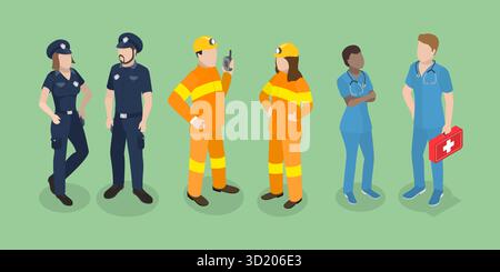 Illustration plate isométrique 3D des services d'urgence, paramédic, pompier et policier illustration plate isométrique 3D de E. Banque D'Images