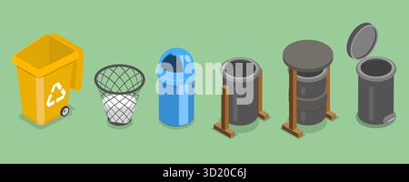 Ensemble plat isométrique 3D de poubelles, conteneurs à ordures ensemble plat isométrique 3D de poubelles, conteneurs à ordures Banque D'Images
