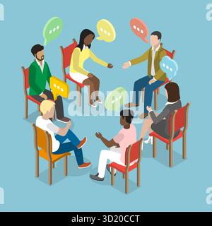 Illustration plate isométrique 3D du cercle de discussion, thérapie de psychologie illustration plate isométrique 3D du cercle de discussion, P Banque D'Images