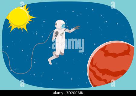 Illustration plate isométrique 3D de voyage vers mars, astronaute dans l'espace extra-atmosphérique illustration plate isométrique 3D de voyage vers mars, Banque D'Images
