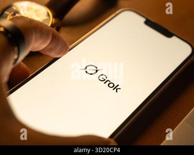 Le logo Grok ai est affiché sur l'écran d'un smartphone, à Bangalore, en Inde, le 06 octobre 2025 Banque D'Images