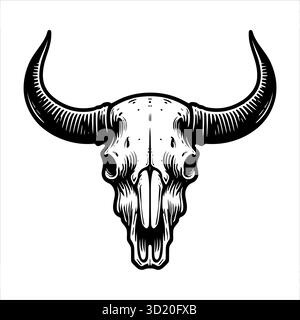 Noir et blanc illustration vectorielle d'un crâne de taureau avec des lignes audacieuses et épurées et des détails rustiques. Illustration de Vecteur