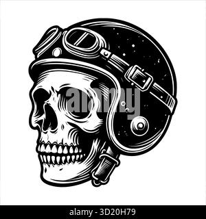 Crâne avec Old Motorcycle Helmet illustration vectorielle noir et blanc avec style de motard vintage et ligne audacieuse Parfait pour le logo du club de moto Illustration de Vecteur