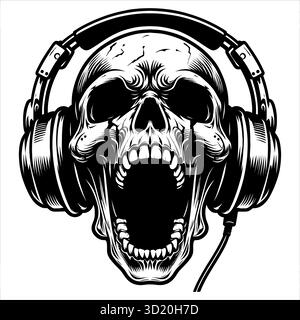 Crâne avec casque illustration vectorielle en noir et blanc, combinant musique et esthétique avant-gardiste. Parfait pour les logos DJ, tatouage, pochettes d'album Illustration de Vecteur