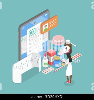 Illustration plate isométrique 3D de médecin pharmacien, professionnel de la santé, expertise dans Medicine3D Isomtric Flat Illustrat Banque D'Images