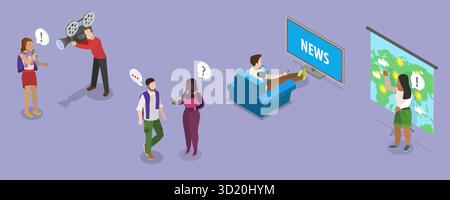 Illustration plate isométrique 3D des médias de masse, TV Breaking News3D illustration plate isométrique des médias de masse, TV Breaking News Banque D'Images