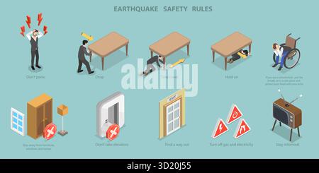Illustration plate isométrique 3D des règles de sécurité sismiques , instruction en cas d'Emergency3D illustration plate isométrique de Banque D'Images